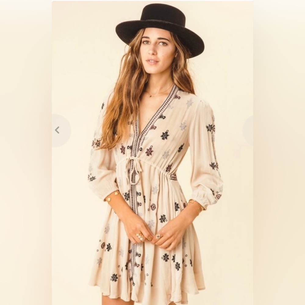 Free People Star Gazer Embroidered Peasant Floral Long Sleeve Dress